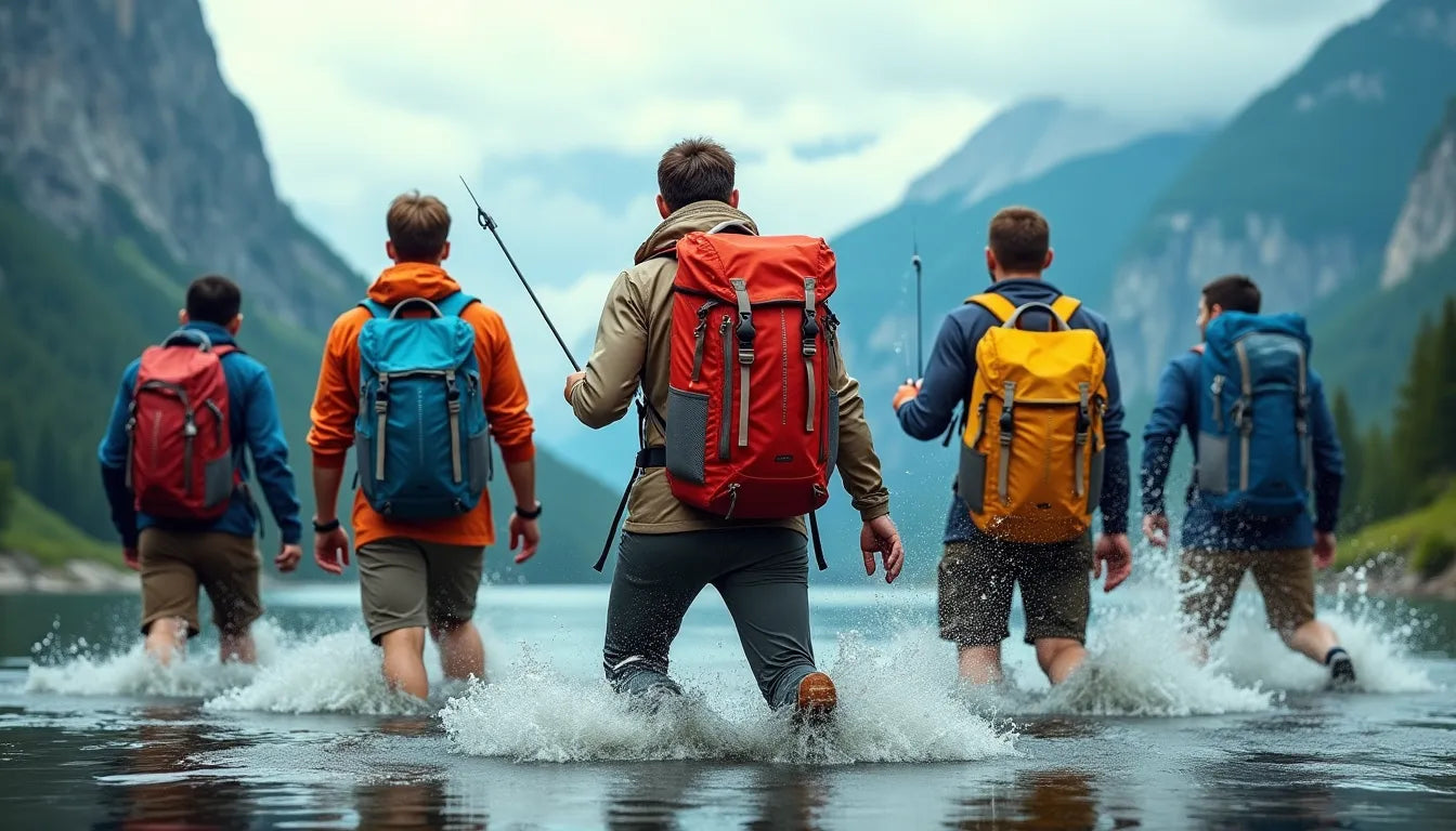 Five men wading through water with waterproof backpacks in an outdoor adventure setting