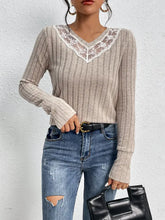 Perfee Lace Detail Ribbed V-Neck Long Sleeve Top Woman Blouses