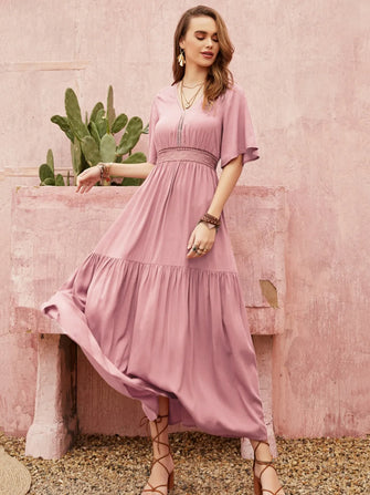Lace Detail V-Neck Short Sleeve Dress Dusty Pink