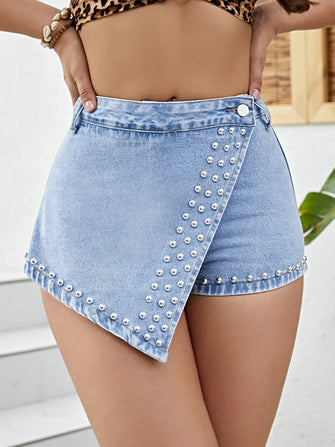 Asymmetrical Studded Denim Shorts Light