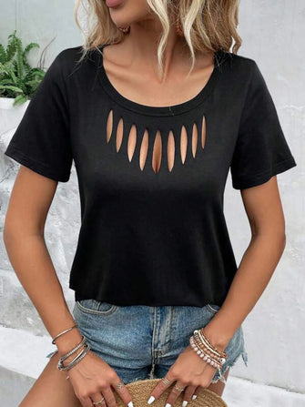 Hollow Out Neckline Short Sleeve T-Shirt Black