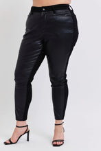 Black judy blue plus size hw faux leather skinny pants with sleek glossy finish and subtle side paneling