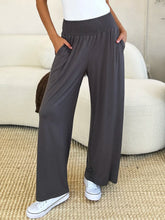 Dark gray basic bae full size smocked wide waistband wide leg pants with stretchy elastic waistband and side pockets