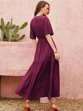 Openwork V-Neck Flare Sleeve Ruched Dress Woman Maxi Dress