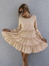 Frill Tiered Long Sleeve Mini Dress Tan Casual Dresses