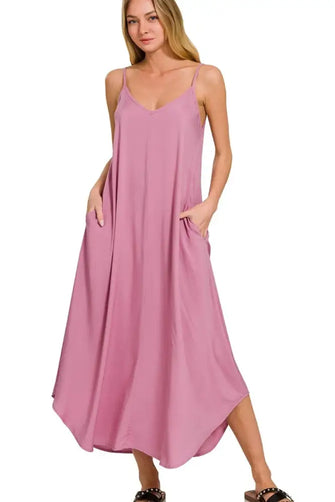 Zenana Woven Arc Hem Cami Dress With Flowy Pockets LT ROSE Woman Casual Dress