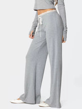 Gray lace trim wide leg pants featuring lace trim at the waist and white drawstrings for comfortable lounging