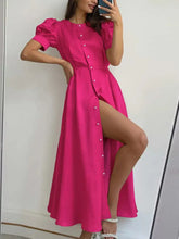 Button Down Short Sleeve Dress Hot Pink Casual Dresses