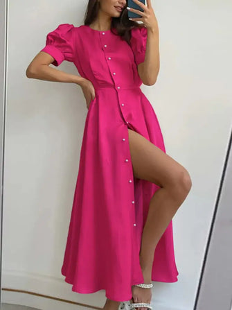 Button Down Short Sleeve Dress Hot Pink Casual Dresses