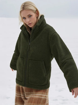 Turtleneck Zip Up Long Sleeve Plush Jacket Dark Green