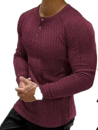 Men's Full Size Ribbed Round Neck Long Sleeve T-Shirt Plus Size Burgundy Mens Tops