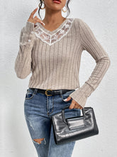 Perfee Lace Detail Ribbed V-Neck Long Sleeve Top Woman Blouses