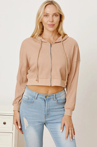 Waffle-Knit Drawstring Zip Up Hoodie Khaki
