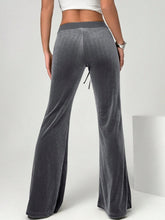 Gray velvet flare pants with high waist and drawstring detail in soft velvet flare fabric for stylish comfort