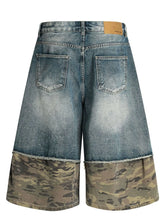 Men's Distressed Camo Panel Denim Shorts