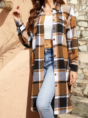 Plaid Collared Neck Long Sleeve Jacket Camel Casual Dresses