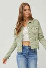 RISEN Full Size Raw Hem Button Up Cropped Denim Jacket Plus Size Sage Woman Outerwear