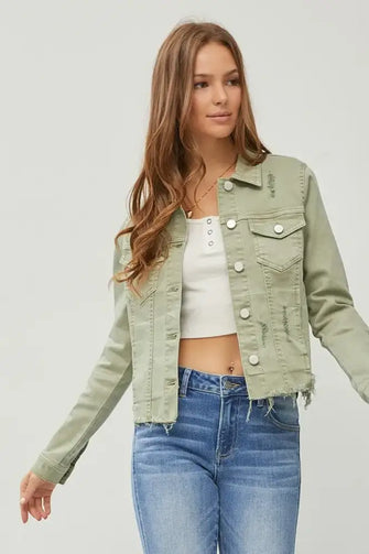 RISEN Full Size Raw Hem Button Up Cropped Denim Jacket Plus Size Sage Woman Outerwear