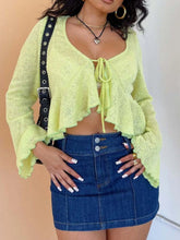 Ruffled Hem Tie-Front Cropped Cardigan Lime