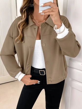 Perfee Collared Neck Button Down Jacket Taupe Woman Outerwear