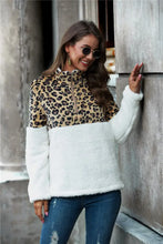 Leopard Color Block Half-Zip Collar Teddy Sweatshirt White Woman Sweatshirts