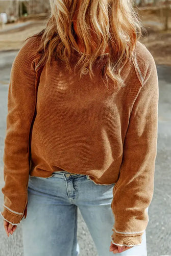 Plus Size Waffle-Knit Round Neck Long Sleeve Blouse Caramel Woman Blouses