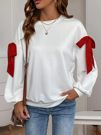 Perfee Bow Round Neck Long Sleeve Sweatshirt White Woman Sweatshirts