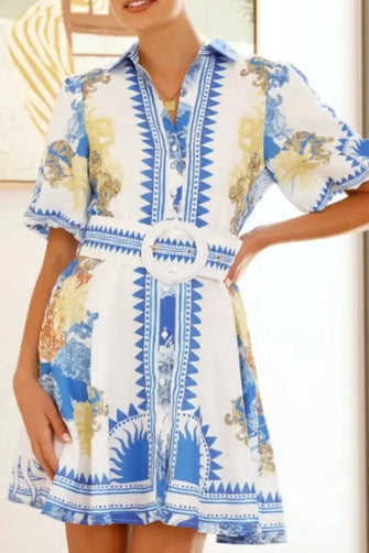 Printed Collared Neck Half Sleeve Dress White Casual Dresses