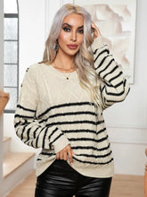 Striped Round Neck Cable-Knit Sweater Beige Sweater Pullovers