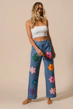 Bibi flower print straight legs pants in denim blue with colorful floral embroidery