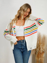 Drawstring Striped Dropped Shoulder Hooded Cardigan Woman Outerwear