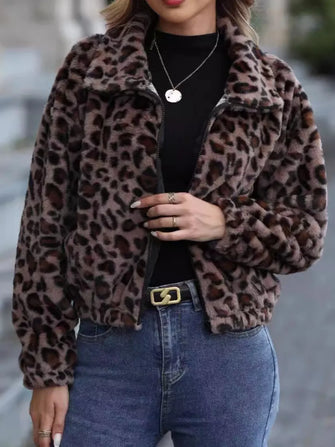 Leopard Collared Neck Zip Up Jacket Leopard