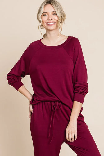 Super Lady Round Neck Raglan Sleeve Top and Pants Lounge Set Burgundy