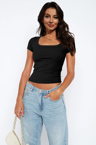 Square Neck Short Sleeve Tee Black