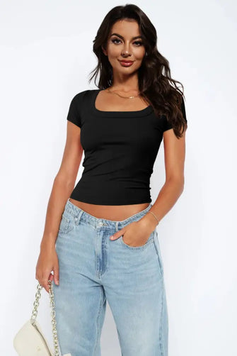 Square Neck Short Sleeve Tee Black Woman T Shirts