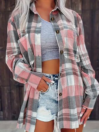 Pocketed Plaid Collared Neck Shacket Dusty Pink