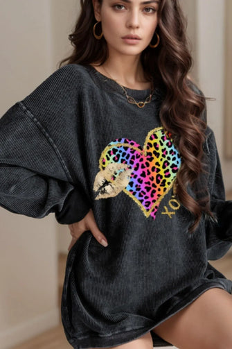 Leopard Heart Drop Shoulder Long Sleeve Sweatshirt Dark Gray Woman Sweatshirts
