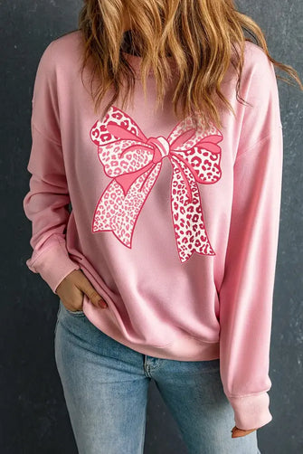 Bow Graphic Round Neck Long Sleeve Sweatshirt Blush Pink Woman Sweatshirts