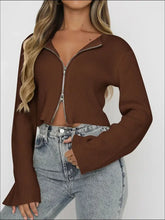 Ribbed Zip-Up Cropped Cardigan Brown Cardigans