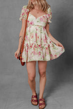 Floral Bubble Sleeve Sweetheart Neck Ruffle Mini Dress