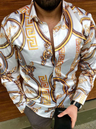 Men's Plus Size Printed Button Up Long Sleeve Shirt White