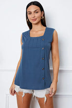 Square Neck Decorative Button Tank Dark Blue Tanks & Camis
