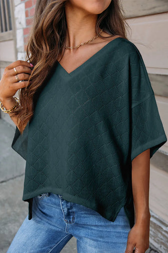 Eyelet V-Neck Dropped Shoulder T-Shirt Dark Green