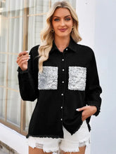 Raw Hem Button Up Long Sleeve Denim Jacket with Sequin Pockets Black Woman Outerwear