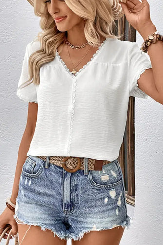 Perfee Textured Lace Trim Tee Shirt White Woman T Shirts