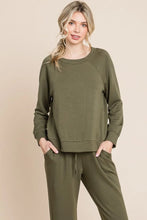 Super Lady Round Neck Raglan Sleeve Top and Pants Lounge Set Olive