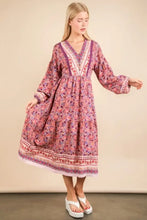 VERY J Floral Printed Boho V-Neck Balloon Sleeve Dress Casual Dresses