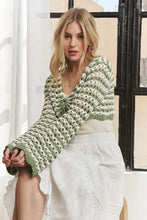 Adora long sleeves crochet knit sweater in green and white stripes with bell sleeves