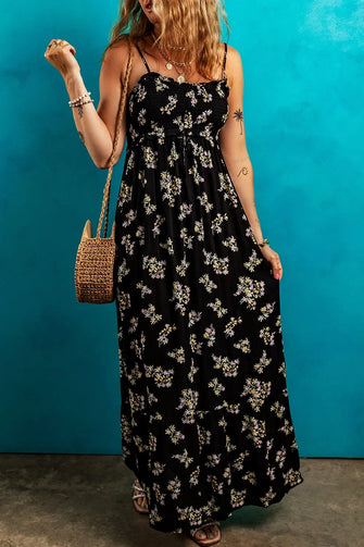Floral Spaghetti Strap Shirred Bodice Tied Empire Waist Maxi Dress Black