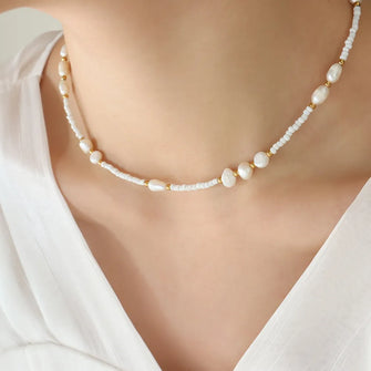 Titanium Steel Glass Bead Pearl Necklace White One Size
